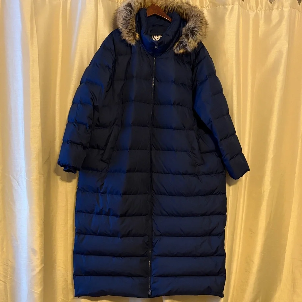 Lands' End Women's Dark Blue Down Puffer Coat with Faux Fur Trim, 2X. - Picture 1 of 9